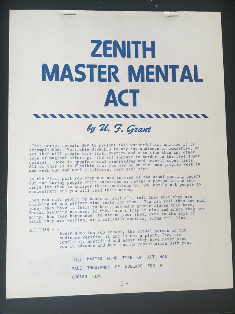 Zenith Master Mental Act by U. F. Grant - Book